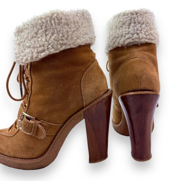MICHAEL KORS tan suede sherpa heeled platform boots - Picture 10 of 14